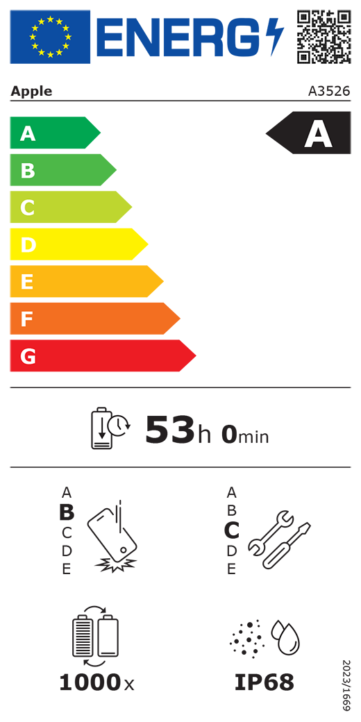 ES energijos vartojimo klasės QR kodas ir informacija, „Apple“ modelis A3526, A klasė, energijos vartojimo klasės (skalė nuo A iki G), nuo A (didžiausias efektyvumas) iki G (mažiausias efektyvumas), baterijos veikimo trukmė vienu ciklu, 53 val. ir 0 min. esant visiškai įkrautai baterijai, pakartotinio laisvo kritimo patikimumo B klasė, nuo A (didžiausias patvarumas) iki E (mažiausias patvarumas), pritaikymo remontuoti C klasė, nuo A (labiausiai pritaikytas remontuoti) iki E (mažiausiai pritaikytas remontuoti), 1 000 baterijos veikimo ciklų, apsaugos nuo dulkių ir vandens (IP) klasė IP68, reglamentas 2023/1669