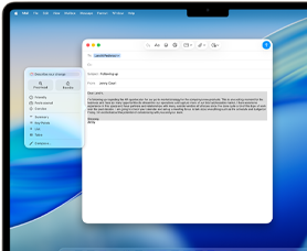 „MacBook Air“ ekranas, kuriame rodomi „Apple Intelligence“ „Rašymo įrankiai“, naudojami el. laiškui rašyti