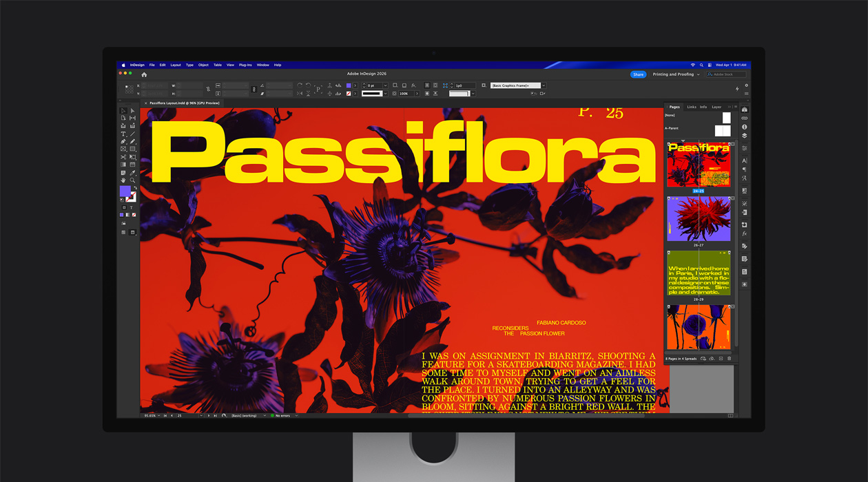 „Adobe InDesign 2026“ faile ryškus žurnalo puslapis demonstruoja „P3 + Adobe RGB“ spalvų paletę