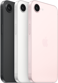 iPhone 17e, aizmugures skats un sānskats, melnā krāsā, aizmugures skats un sānskats, baltā krāsā, aizmugures skats un sānskats, maigi rozā krāsā, Fusion kamera augšpusē, sānu poga