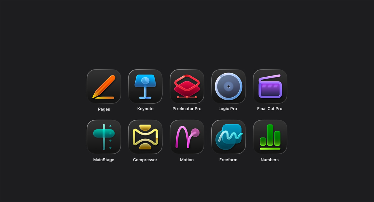 أيقونات تطبيقات Apple Creator Studio، Final Cut Pro، Logic Pro، Pixelmator Pro، Keynote، Pages، Numbers، المساحة الحرة، Motion، Compressor، MainStage