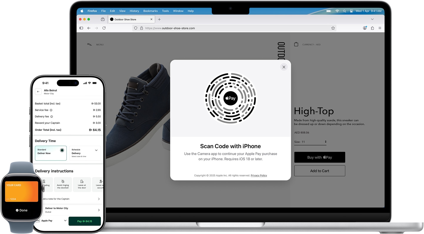 An Apple Watch, an iPhone, and a MacBook all side by side. The Apple Watch shows an American Express credit card. The iPhone shows an Etsy product page with a candle and the option to pay with Apple Pay. The MacBook displays a product page on the Outdoor Shoe Store website and an Apple Pay overlay with a QR code prompting the payer to use their iPhone to continue their purchase.