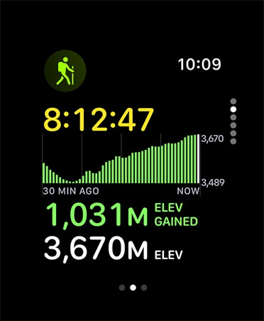 Hiking workout card, metrics: time, elevation