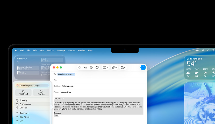 Mac desktop with a business email featuring an Apple Intelligence prompt. Behind the email window are various widgets and macOS Tahoe wallpaper.
