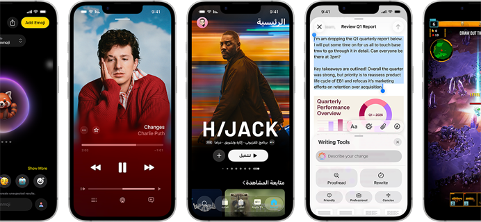 أجهزة iPhone 17e جنباً إلى جنب تعرض شاشات مختلفة: لعبة قيد التشغيل، وأدوات الكتابة، وتطبيق Apple TV، وتطبيق Apple Music، ورمز جنموجي يتم إنشاؤه.