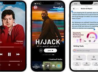 أجهزة iPhone 17e جنباً إلى جنب تعرض شاشات مختلفة: لعبة قيد التشغيل، وأدوات الكتابة، وتطبيق Apple TV، وتطبيق Apple Music، ورمز جنموجي يتم إنشاؤه.