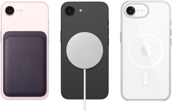 iPhone 17e, back exterior, soft pink color, FineWoven Wallet with MagSafe attached, iPhone 17e, back exterior, black color, MagSafe Charger attached, iPhone 17e, back exterior, white color, Clear Case with MagSafe attached