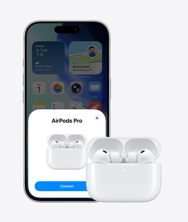 iPhone 17 Pro, front exterior, home screen in background, AirPod connection pop-up on screen, AirPods in open case next to iPhone