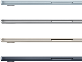 Side exteriors of four MacBook Air laptops, showcasing four different finishes