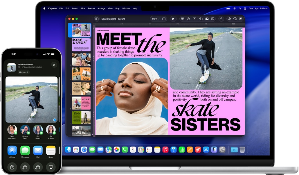iPhone 16 Plus with Photo app open, 13-inch MacBook Air with a Keynote slide open, same photo from iPhone visible on slide