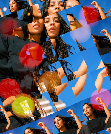 Grid of photos of woman showing different details of the same photo