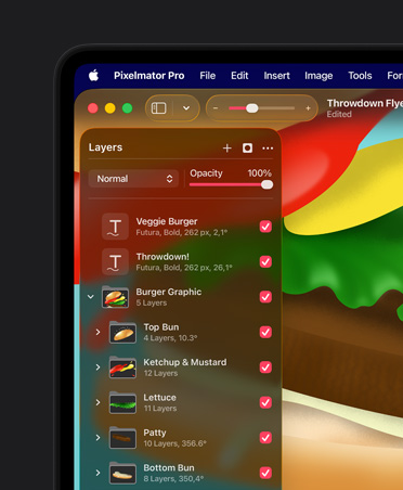 MacBook Pro 16 screen, colorful illustration of hamburger, Pixelmator Pro arrange tools