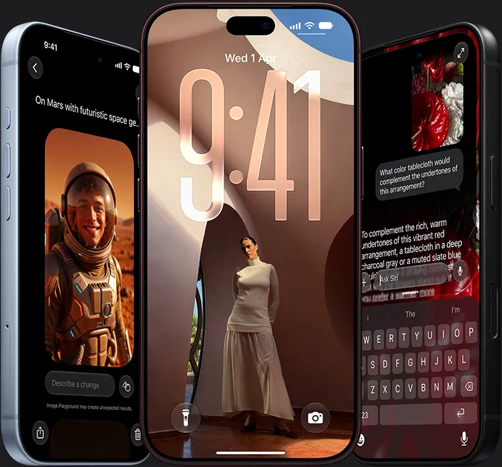 Siri AI：左邊為冰川色 iPhone 18 Pro，展示 Siri 影像生成功能；中間為布根地紅色 iPhone 18 Pro，展示鎖定畫面；右邊為黑色 iPhone 18 Pro Max，展示向 Siri 的查詢，關於配襯的枱布