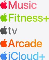 Íconos de las apps Apple Music, Apple Fitness+, Apple TV, Apple Arcade y iCloud+