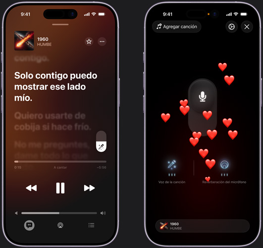 El iPhone a la izquierda muestra el modo Apple Music Sing en el iPhone con la canción “1960” de HUMBE, el iPhone a la derecha muestra el modo Apple Music Sing en el iPhone con emojis de corazón que suben por la pantalla, el ícono de micrófono en medio de la pantalla y los íconos de “Voz de la canción” y “Reverberación del micrófono” en la parte inferior