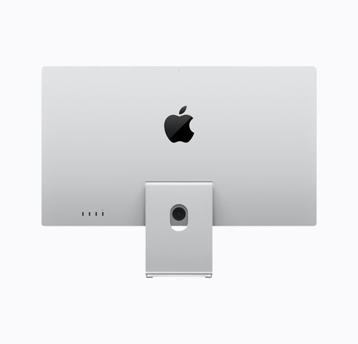Studio Display de Apple con base con inclinación ajustable, color plata, vista posterior, logo de Apple en el centro en negro brillante
