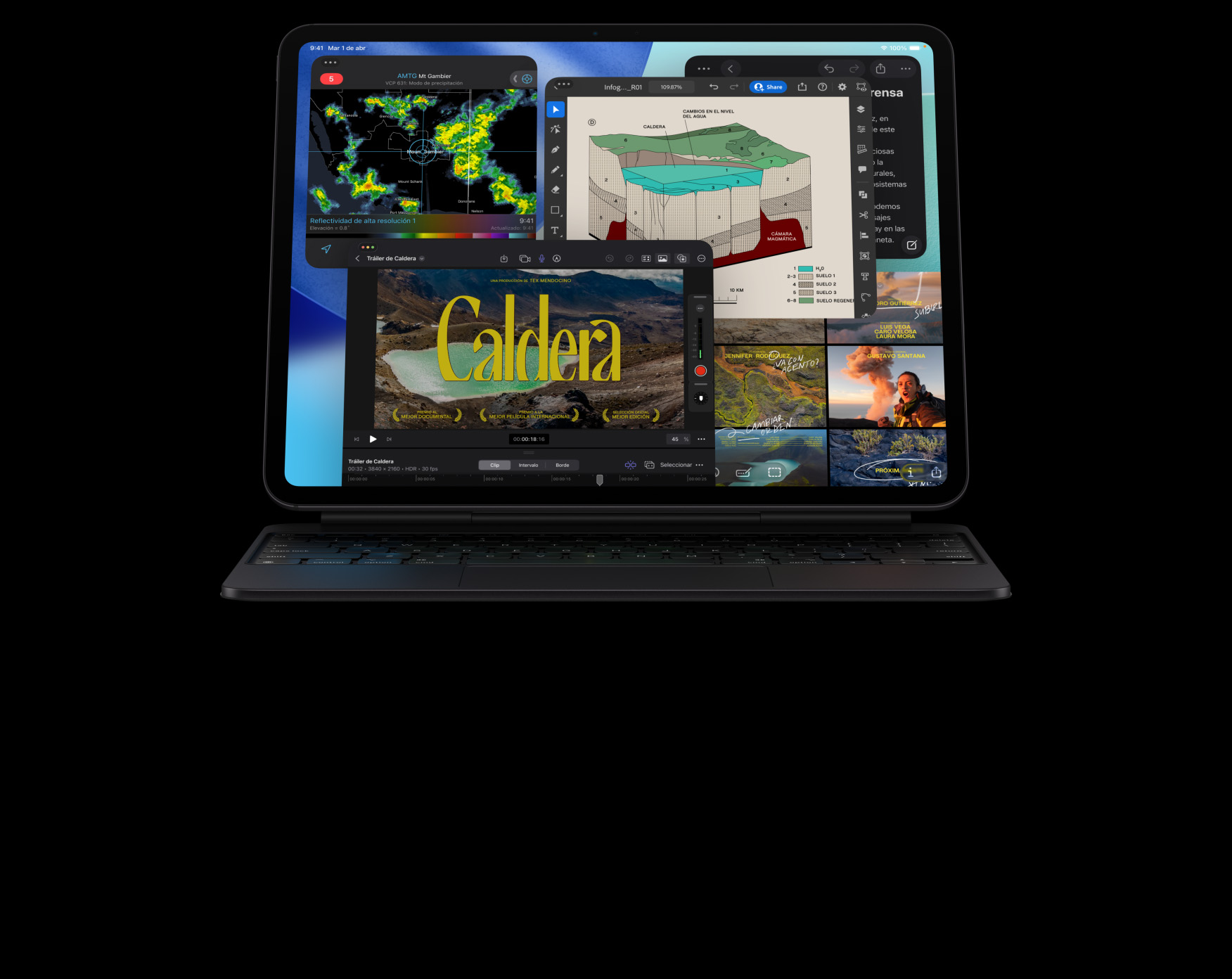 Un iPad Pro, parte frontal, posición horizontal, color negro espacial, conectado a un Magic Keyboard, negro espacial, pantalla con varias ventanas de apps abiertas: Final Cut Pro con múltiples funcionalidades de edición de video y una línea de tiempo, Mapas, Notas y clips de contenido multimedia