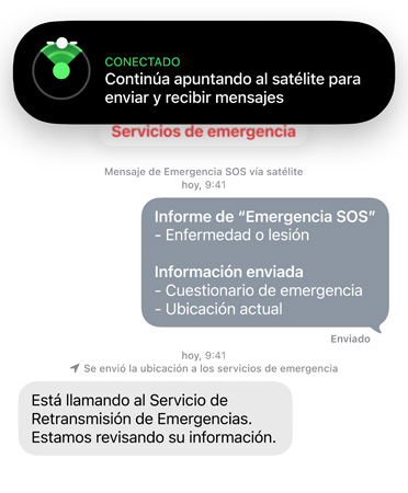 La funcionalidad Emergencia SOS vía satélite en uso, contactando a los servicios de emergencia para obtener ayuda para una persona enferma o herida