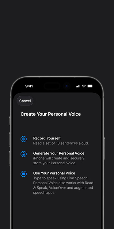 iPhone 17 Pro screen showing Personal Voice feature with instructions on how to create your Personal Voice