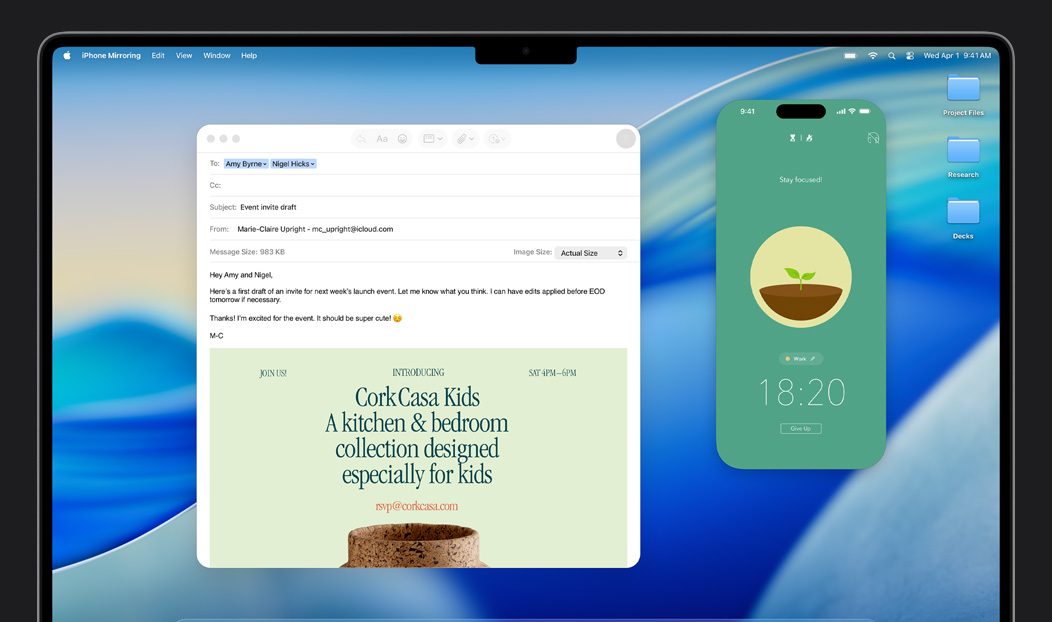 MacBook Pro, Mail app open, iPhone screen mirrored on MacBook Pro screen shows Forest