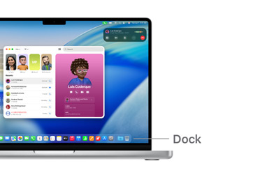 Een rondleiding van macOS op een 14‑inch MacBook Pro met lijnen die aangeven waar het Dock zich bevindt.