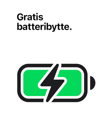 «Batteribytte uten ekstra kostnad» står skrevet over et symbol som viser et ladet batteri.