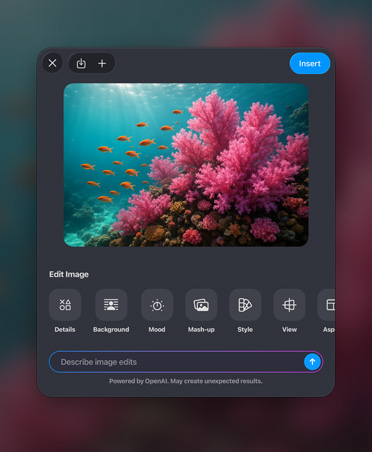 Generate image window, a colourful coral reef image, edit image tools, insert button, describe image edits bar at the bottom