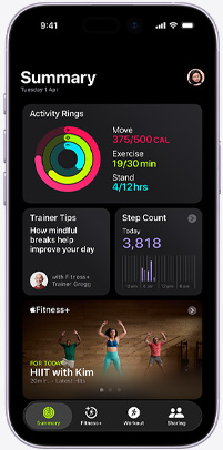 Apple Fitness+ app on an iPhone showing the Summary tab screen, featuring Activity rings, Trainer Tips, Step Count and recommended Apple Fitness+ workouts