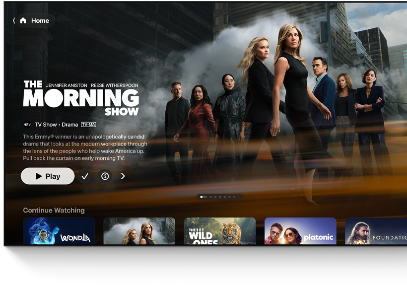 A flatscreen television showing the Apple TV app's homescreen UI