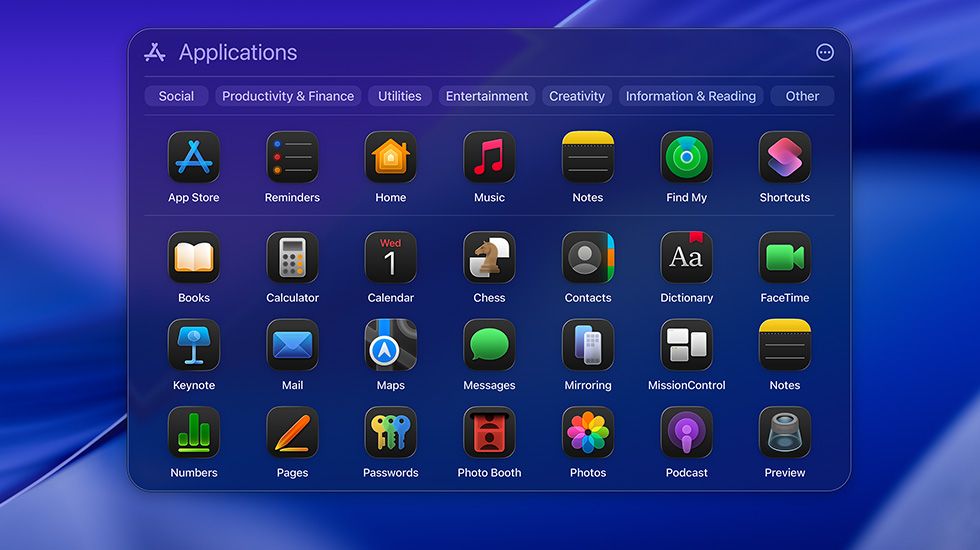 Various app icons on macOS Tahoe displayed in a grid format.