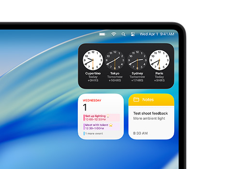Mac desktop shows macOS Tahoe and various widgets including Clock, Calendar, and Notes.