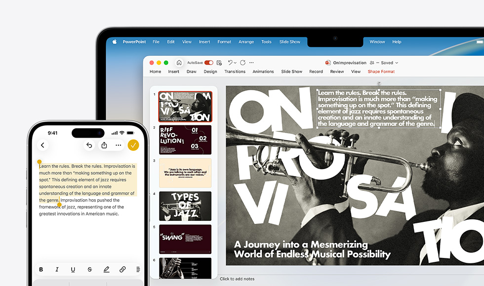 iPhone 16 Plus with text highlighted in the Notes app, Macbook Air with a PowerPoint slide open, text from Notes app is visible on the slide