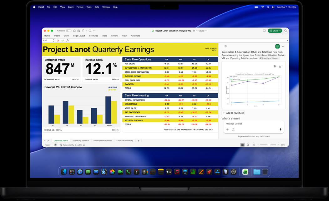 MacBook Pro screen of Excel being used to create a quarterly earnings report