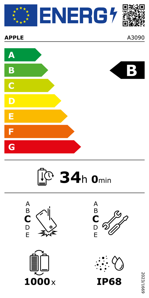 Etykieta energetyczna UE, kod QR i informacje, model Apple A3090, klasa B, klasy efektywności energetycznej (w skali od A do G), od A (najwyższa efektywność) do G (najniższa efektywność), trwałość baterii na cykl, 34 godziny i 0 minut na pełne naładowanie baterii, wytrzymałość na spadki swobodne wielokrotne klasy C, od A (największa solidność) do E (najmniejsza solidność), możliwość naprawy klasy C, od A (największa możliwość naprawy) do E (najmniejsza możliwość naprawy), trwałość baterii w cyklach 1000, ochrona przed wnikaniem pyłu i wody (IP) klasy IP68, rozporządzenie 2023/1669