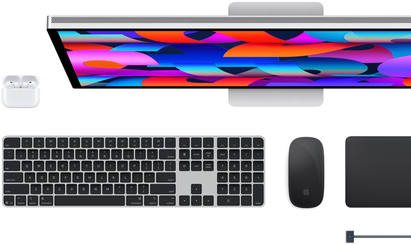 Akcesoria do Maca: AirPods, Studio Display, Magic Keyboard, Magic Mouse, Magic Trackpad, przewód ładujący MagSafe