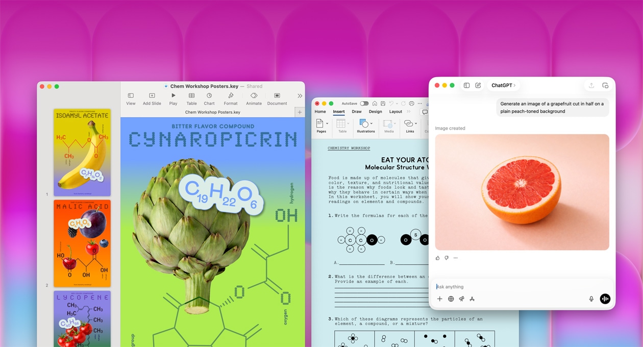 Folosirea ChatGPT pentru a genera o imagine cu un grepfrut, alte ferestre conțin un document Keynote intitulat „Afișe cu molecule”, cu imagini cu fructe și legume și compușii moleculari aferenți, precum și un document Microsoft Word asociat