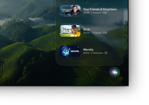 A flat-screen television showing list of Apple TV movies and shows