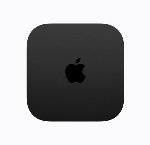 Apple TV 4K, black colour, top exterior, glossy black Apple TV logo