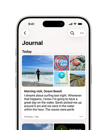 Journal app open to daily journal entry, pictures of a beach day and text about dreams on iPhone