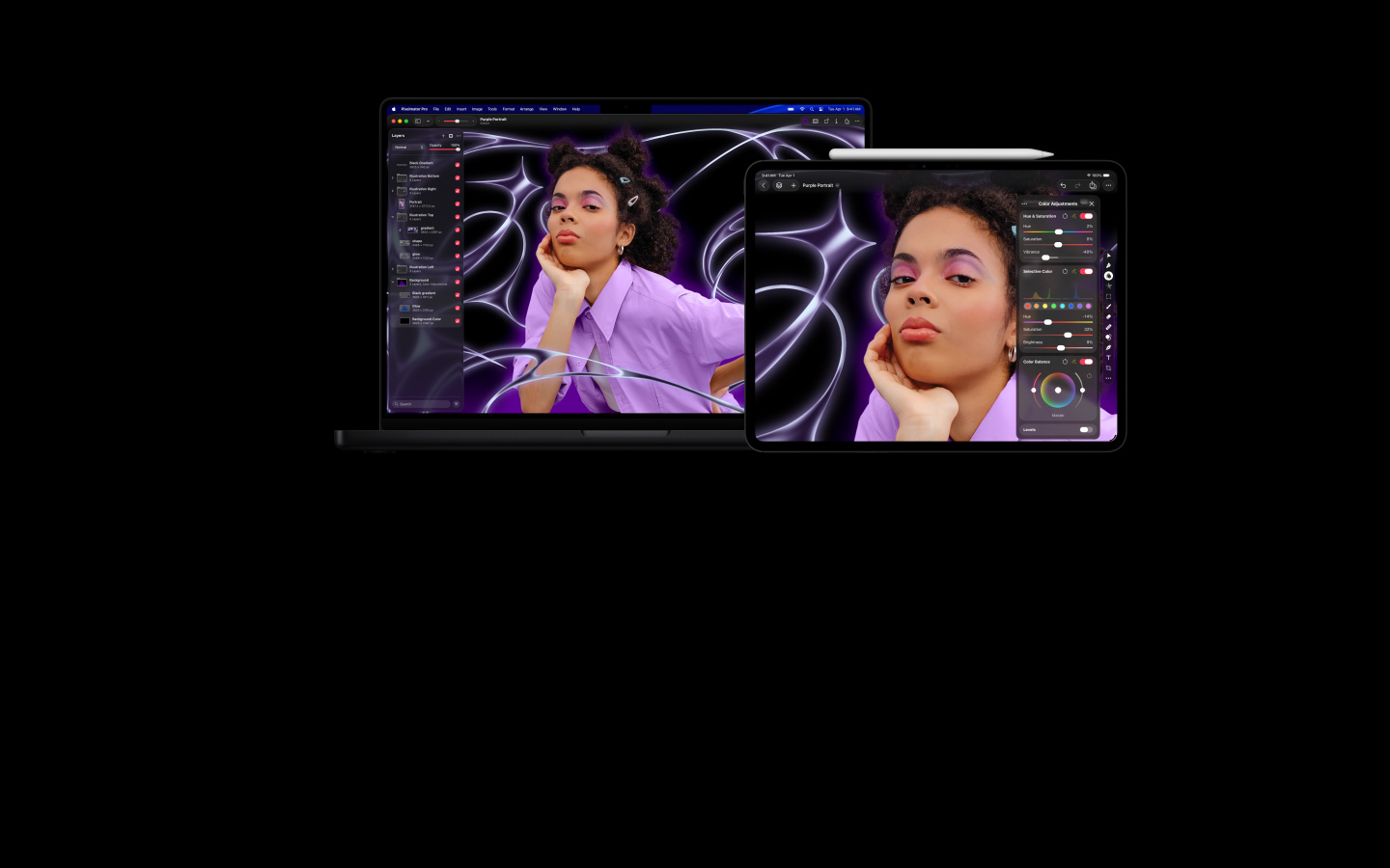Image of person with braids and wearing a purple sweater with stylised abstract background, moves into MacBook Pro 16″ and iPad Pro 13″ devices, screens show the Pixelmator Pro workspace with layers panel on the side, image editing