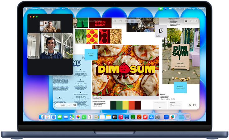 MacBook Neo, indigo color, video call in progress, Freeform window with a menu, food photography, and illustrations for a dim sum restaurant
