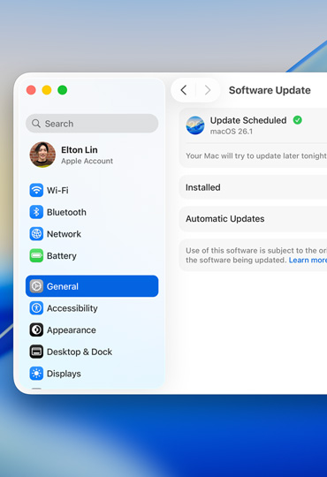 หน้าจอ Mac แสดงการอัปเดตซอฟต์แวร์ตามกำหนดเวลาภายในการตั้งค่าระบบ