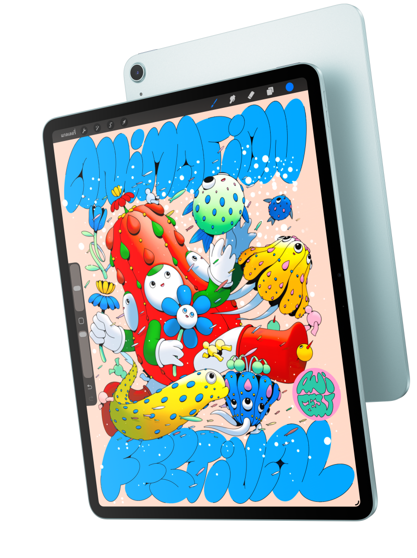 Front exterior, iPad Air showcasing the 13 inch model displaying Procreate, and overlapping the back exterior of a blue iPad Air