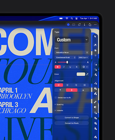 หน้าจอ MacBook Pro รุ่น 16 นิ้ว, ภาพโปสเตอร์ของ Comedy Tour, เครื่องมือปรับแต่งแบบอักษร