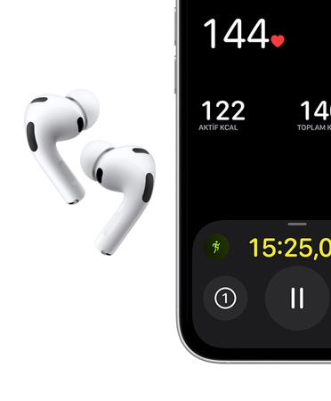 AirPods Pro 3, beyaz renk, kulaklık, silikon kulaklık uçları, mikrofon, iPhone, ekranda Koşu (Dış) antrenmanı