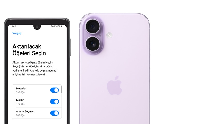Yan yana duran Android telefon ve iPhone ekranlarında iOS’e, iPhone 17, arkadan dış görünüm, sol üst köşede gelişmiş çift kamera sistemi
