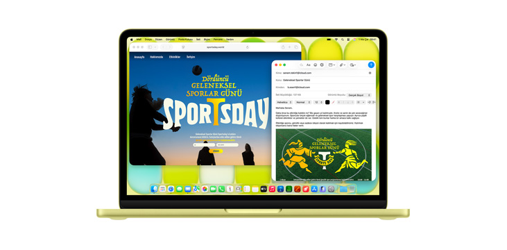 MacBook Neo’da Safari ve Mail dahil olmak üzere birden fazla uygulama açık, “Dördüncü geleneksel sporlar günü” yazan bir dijital bir afiş gösteriliyor.