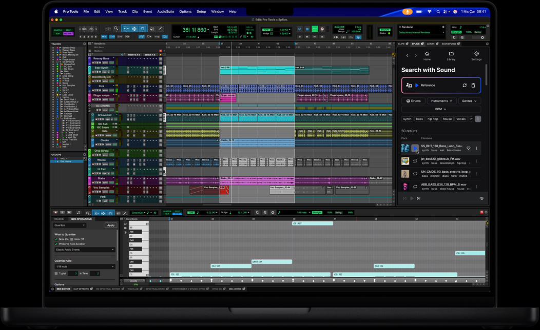 MacBook Pro ekranında bir şarkının düzenlenmesi için kullanılan Pro Tools gösteriliyor