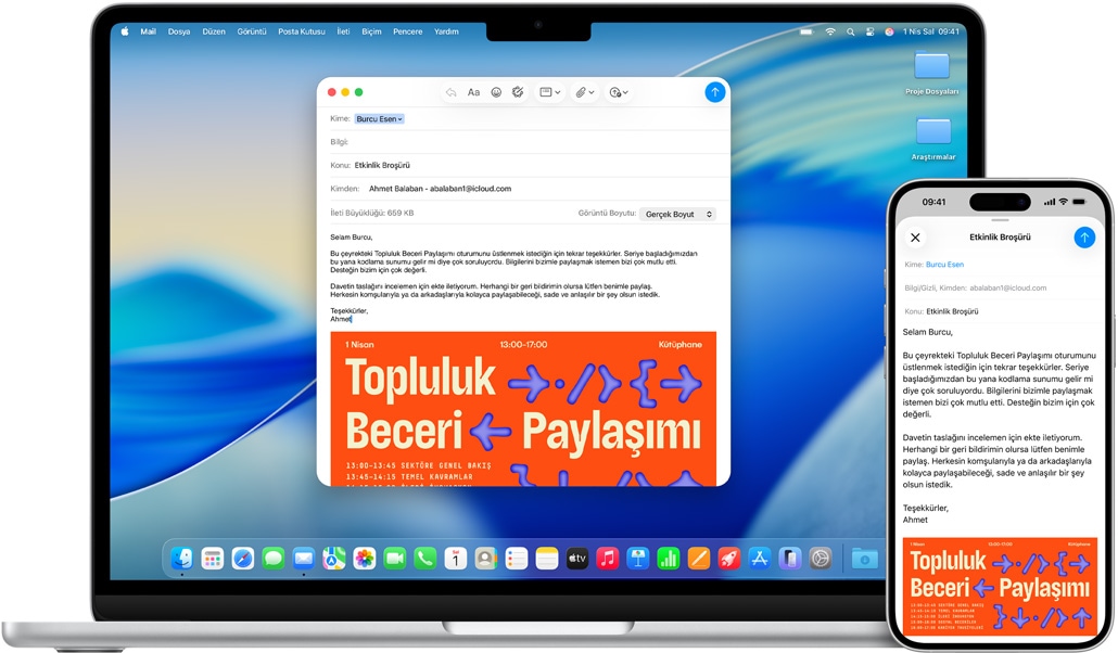 iPhone 16 Plus, 13 inç MacBook Air, Mail uygulaması açık, her iki ekranda da aynı mail taslağı gösteriliyor