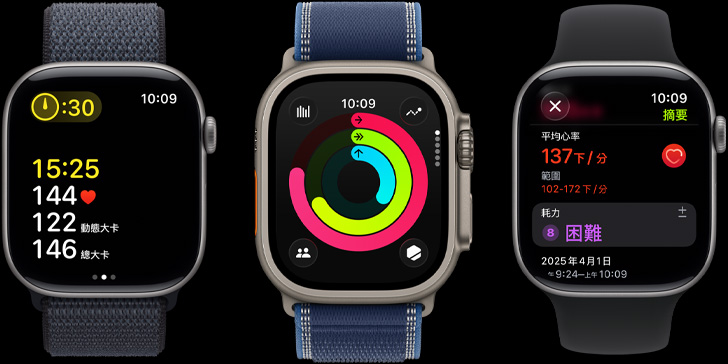 三款 Apple Watch 的螢幕分別展示體能訓練測量指標、活動記錄圓圈和體能訓練後的訓練分析
